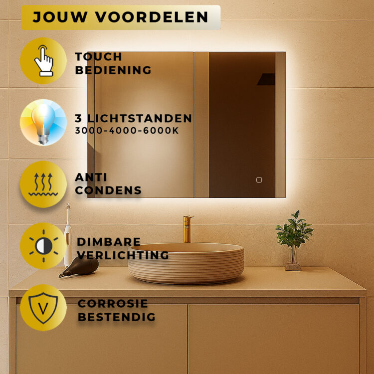 Badkamerspiegel Rechthoek Quatro 80x60CM | LED | Verwarming | Dimbaar - Afbeelding 2