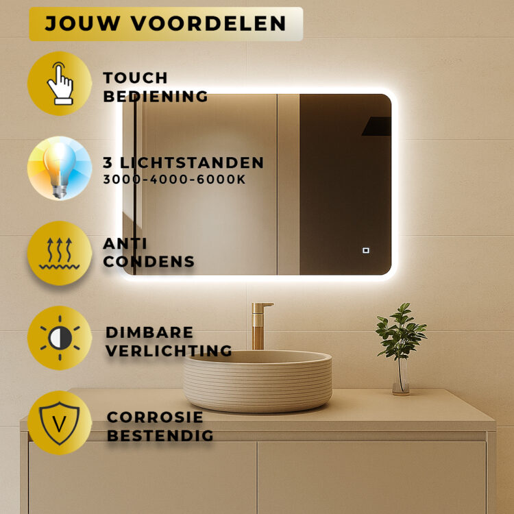 Badkamer Spiegel Misha 80x60CM | LED Verlichting V+A | Condensvrij | Dimbaar - Afbeelding 3